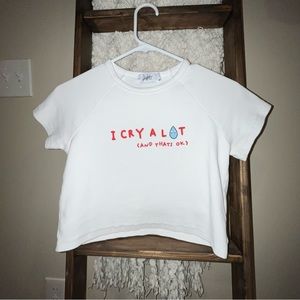 the mayfair group white crop top graphic “i cry a lot” ribbed tee